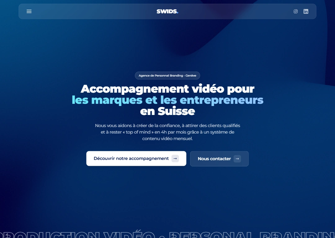 SWIDS.ch — site vitrine agence vidéo Genève développé en Next.js par WEBDEVFRED, freelance développeur web à Varages (Var)